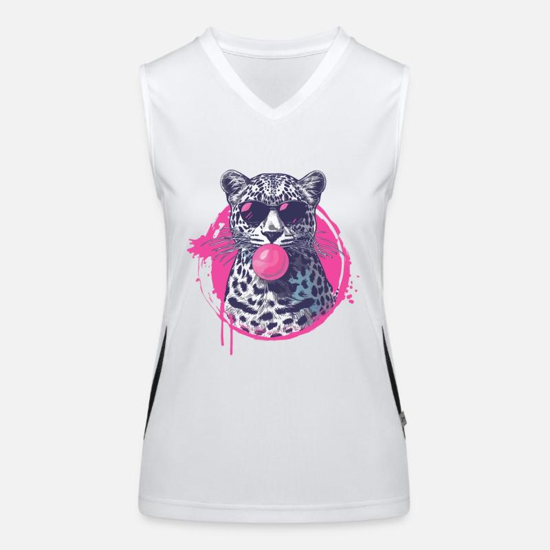 Leopard with sunglasses and pink bubblegum Women's Functional Contrast Tank Top