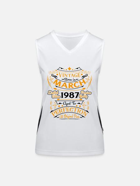 Vintage Born In March 1987 Geburtstagsgeschenk - Funktionelles Kontrast-Tank Top für Frauen - Weiß/Schwarz - Vorne