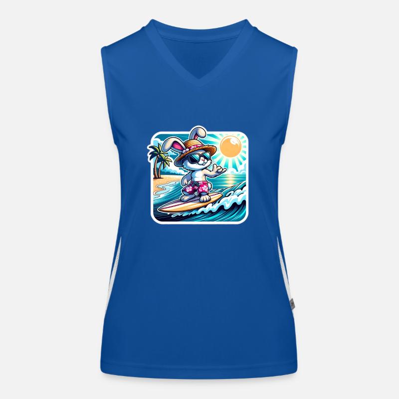 Funny bunny on surfboard in sunshine Women's Functional Contrast Tank Top