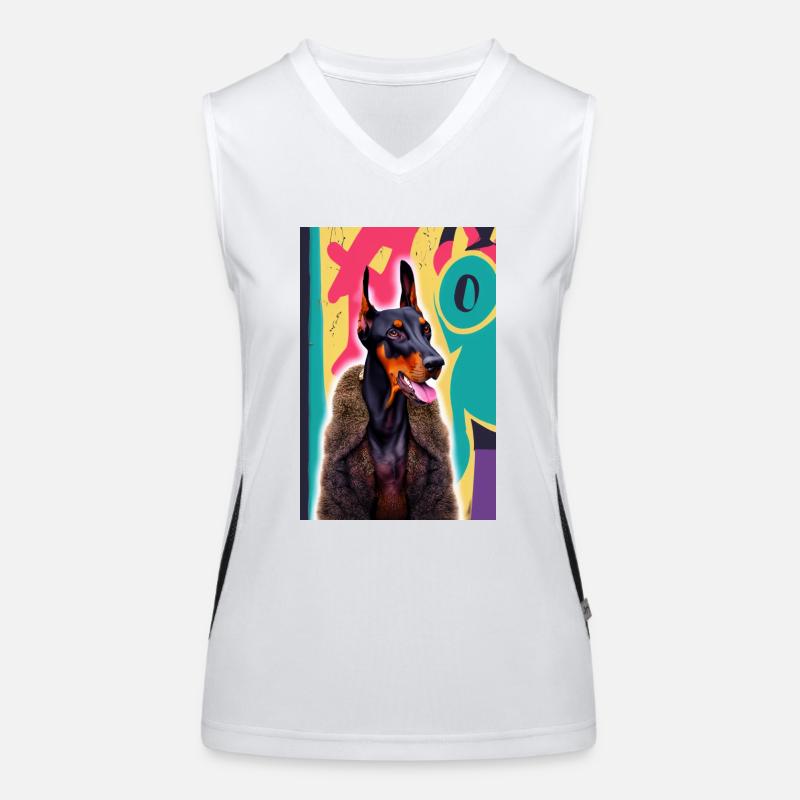Bosshafter Dobermann im Pelzmantel vor Graffiti Funktionelles Kontrast-Tank Top für Frauen