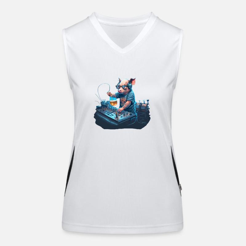 Cooler DJ mit Bie rhinter den Turntables Funktionelles Kontrast-Tank Top für Frauen