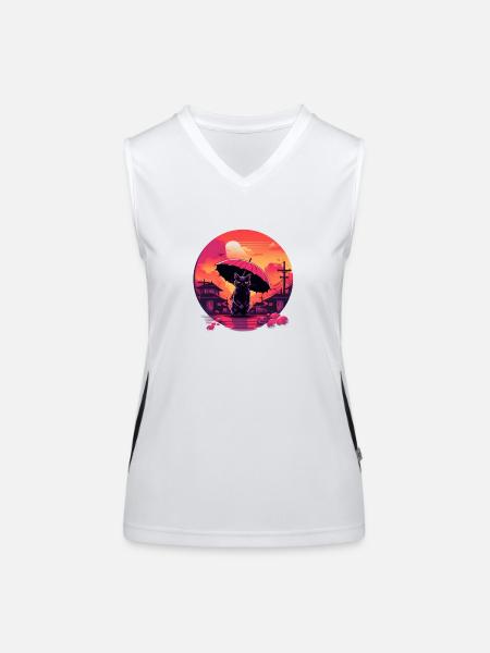 Synthwave japan Cat with umbrella - Funktionelles Kontrast-Tank Top für Frauen - Weiß/Schwarz - Vorne