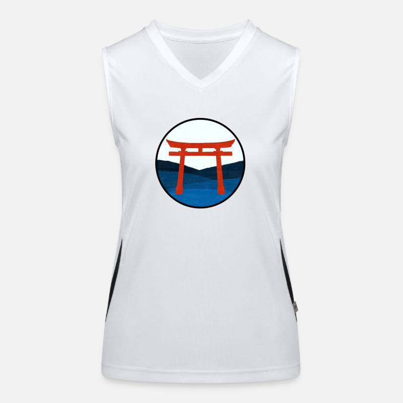 Rotes Torii-Tor auf Blue Hills - Digitale Zeichnung Funktionelles Kontrast-Tank Top für Frauen