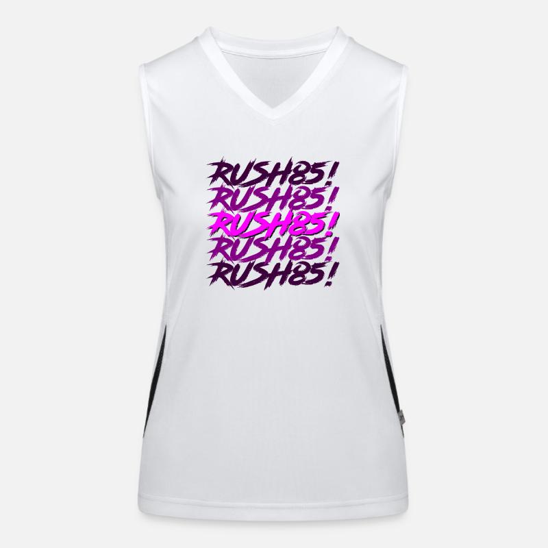 Synthwave / Cyberpunk Title Design RUSH85! -Dunkel Funktionelles Kontrast-Tank Top für Frauen