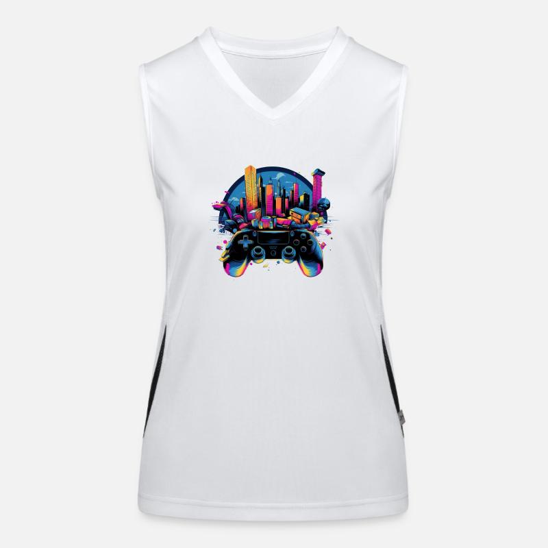 Gaming Universe: Controller & Cityscape Art Funktionelles Kontrast-Tank Top für Frauen