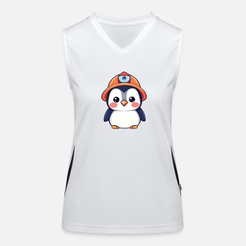 Bautrupp-Pinguin mit orangefarbenem Schutzhelm Funktionelles Kontrast-Tank Top für Frauen