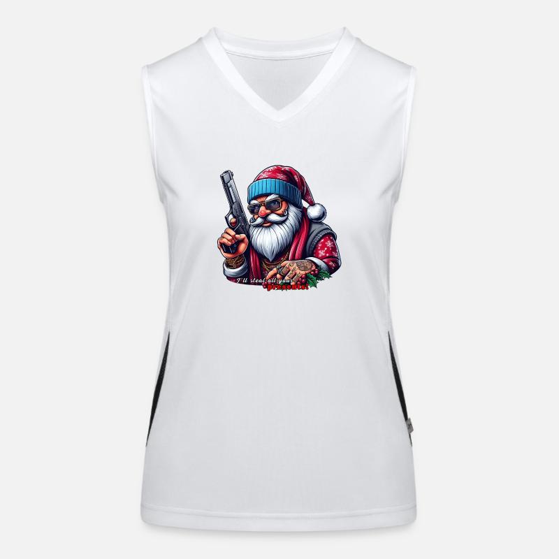 Santa mit Pistole und lustigem Spruch Funktionelles Kontrast-Tank Top für Frauen