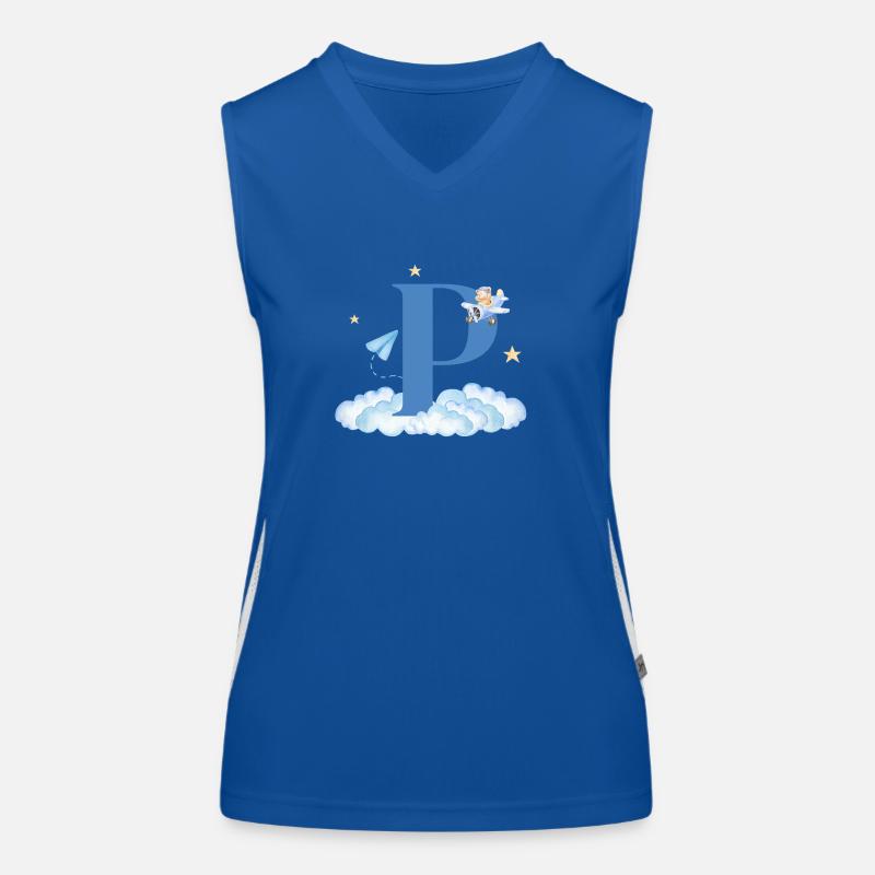 Letter p blue clouds airplane child Women's Functional Contrast Tank Top