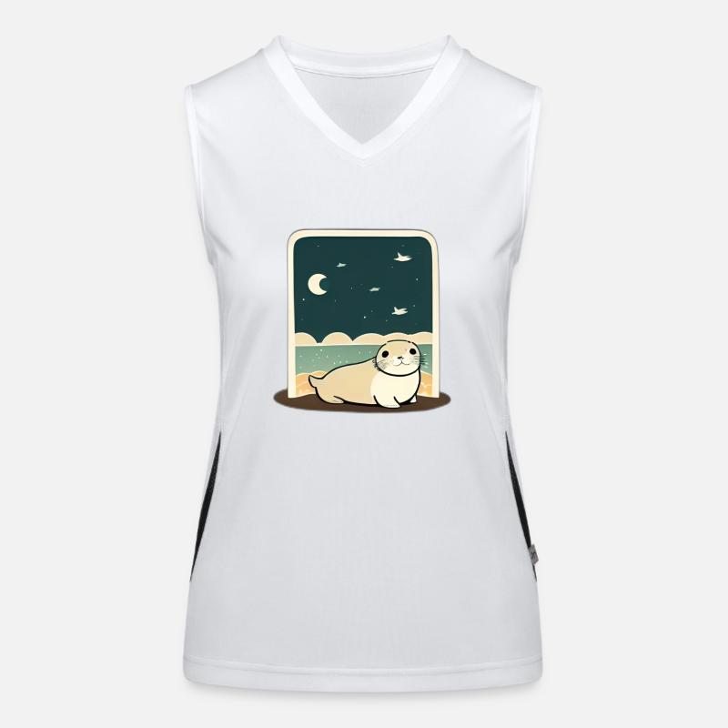 Cute Chubby Seal at Shore with Night Sky Women's Functional Contrast Tank Top
