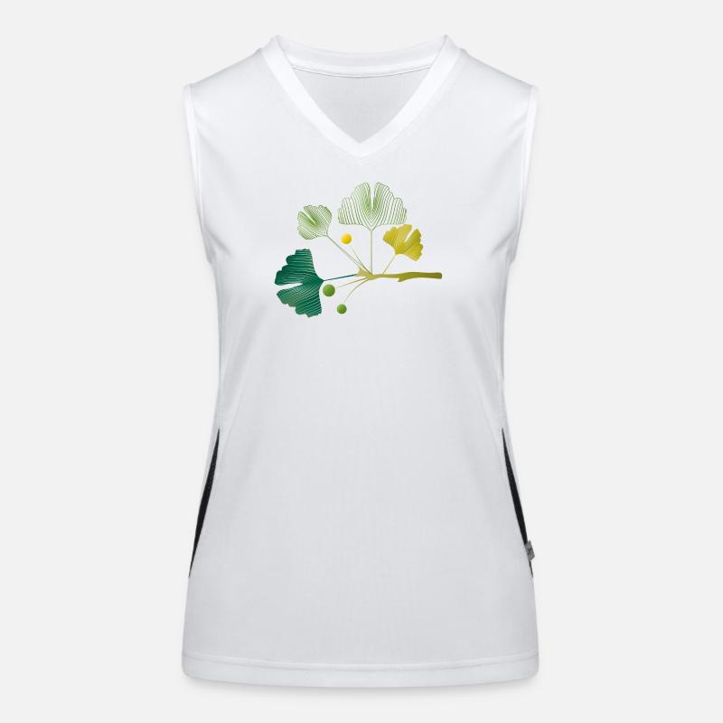 Branche de ginkgo faite de lignes de feuilles dans des tons verts doux Débardeur respirant contrasté Femme