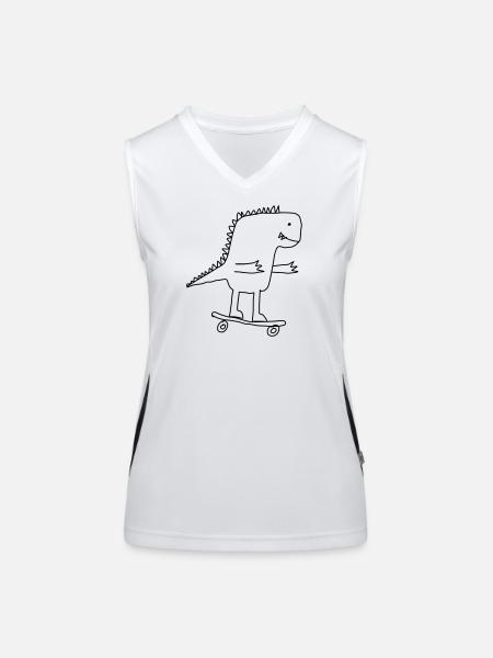 Dino auf Skateboard – Cooles Cartoon für Nerds - Funktionelles Kontrast-Tank Top für Frauen - Weiß/Schwarz - Vorne