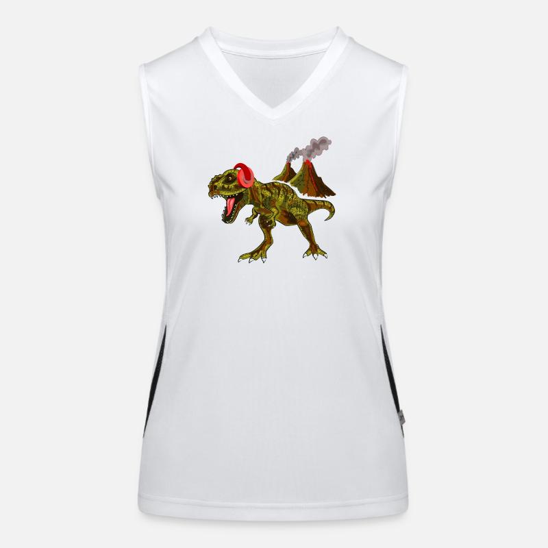 Dinosaurier mit Kopfhörern vor Vulkan Funktionelles Kontrast-Tank Top für Frauen
