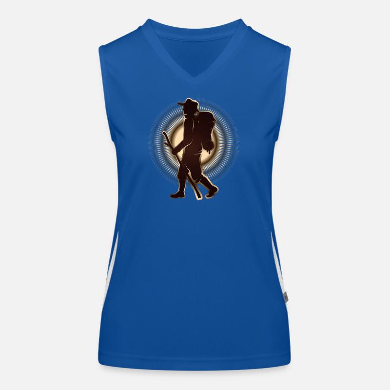 Pilgrim or hiker with walking stick & backpack Women's Functional Contrast Tank Top
