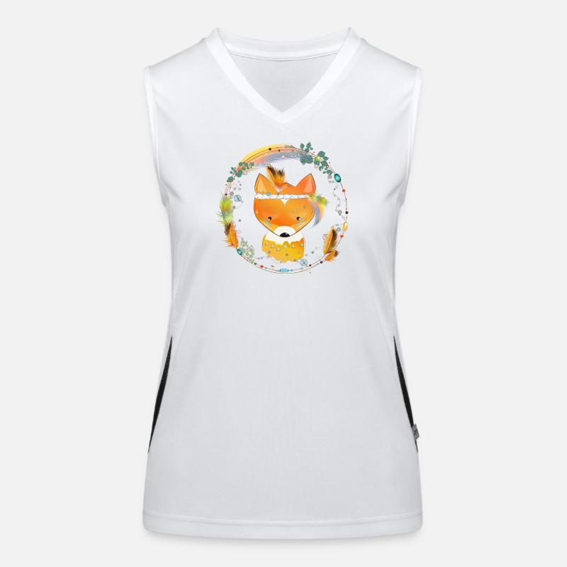 small fox with feather decoration in ethno frame Women's Functional Contrast Tank Top