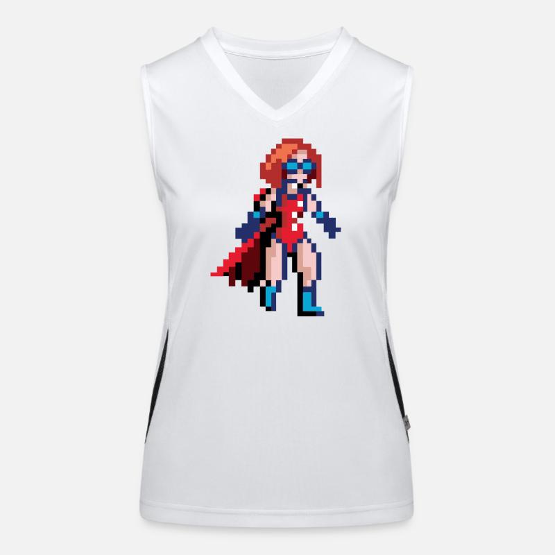 Pixel Superheldin – Fliegende Heldin mit blauer Brille Funktionelles Kontrast-Tank Top für Frauen