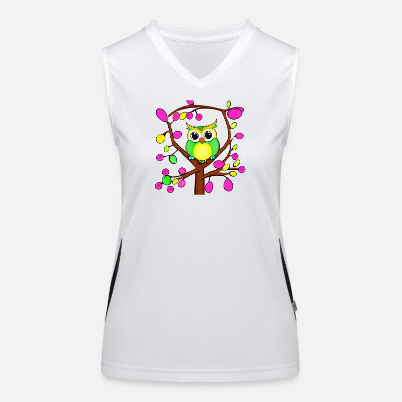 Glückliche Eule in einem bunten Baum Funktionelles Kontrast-Tank Top für Frauen