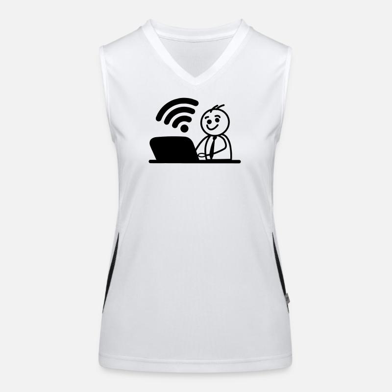 Happy young man on laptop wifi sends a message Women's Functional Contrast Tank Top