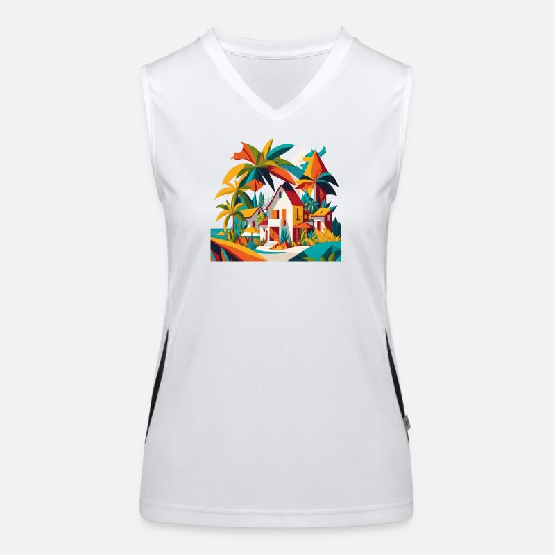 House under palm trees by the sea Women's Functional Contrast Tank Top
