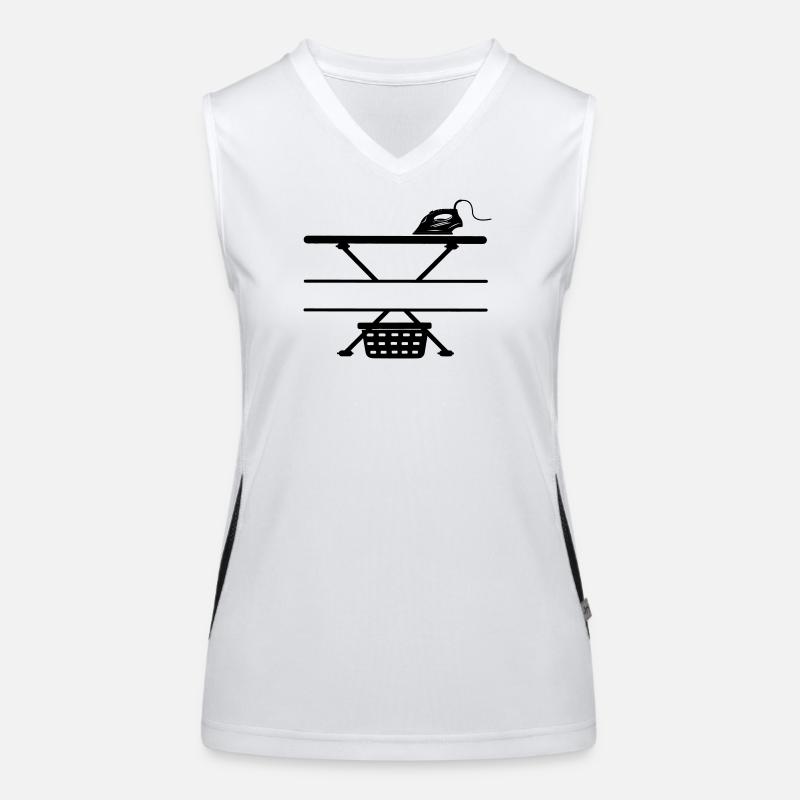 Iron, ironing board and laundry basket, text banner Women's Functional Contrast Tank Top