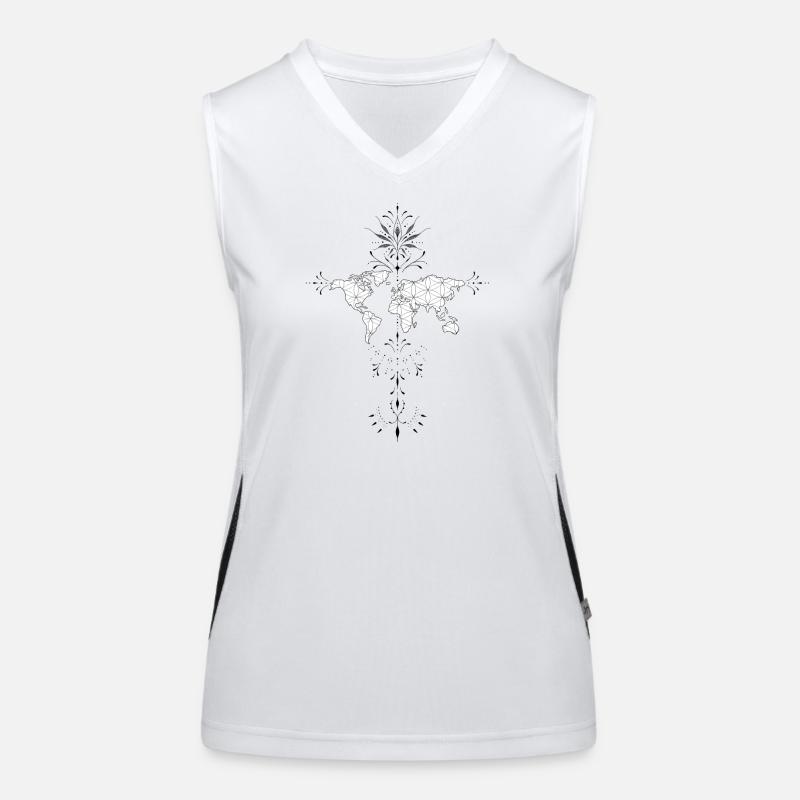 Planisphere Drawing, World Map Ornamental Flower Women's Functional Contrast Tank Top