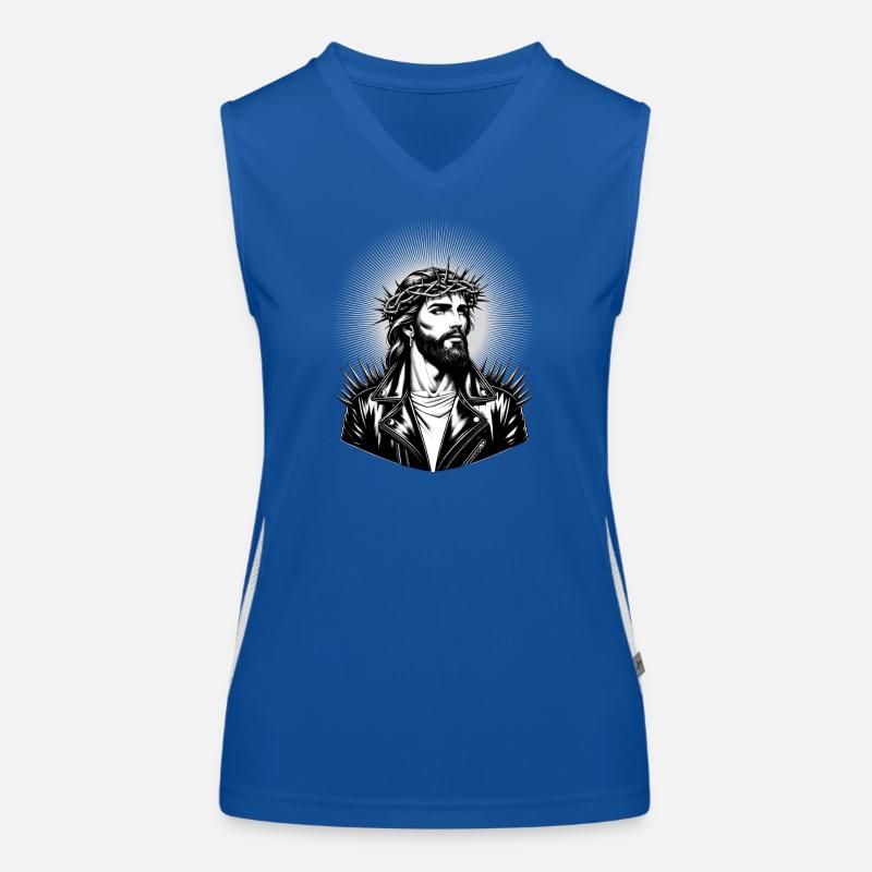 Jesus Christus mit stylischer Frisur & Lederjacke Funktionelles Kontrast-Tank Top für Frauen