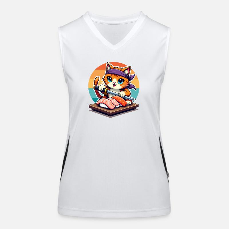 Sushi Master Cat mit Sunset mit Katana-Messer Funktionelles Kontrast-Tank Top für Frauen