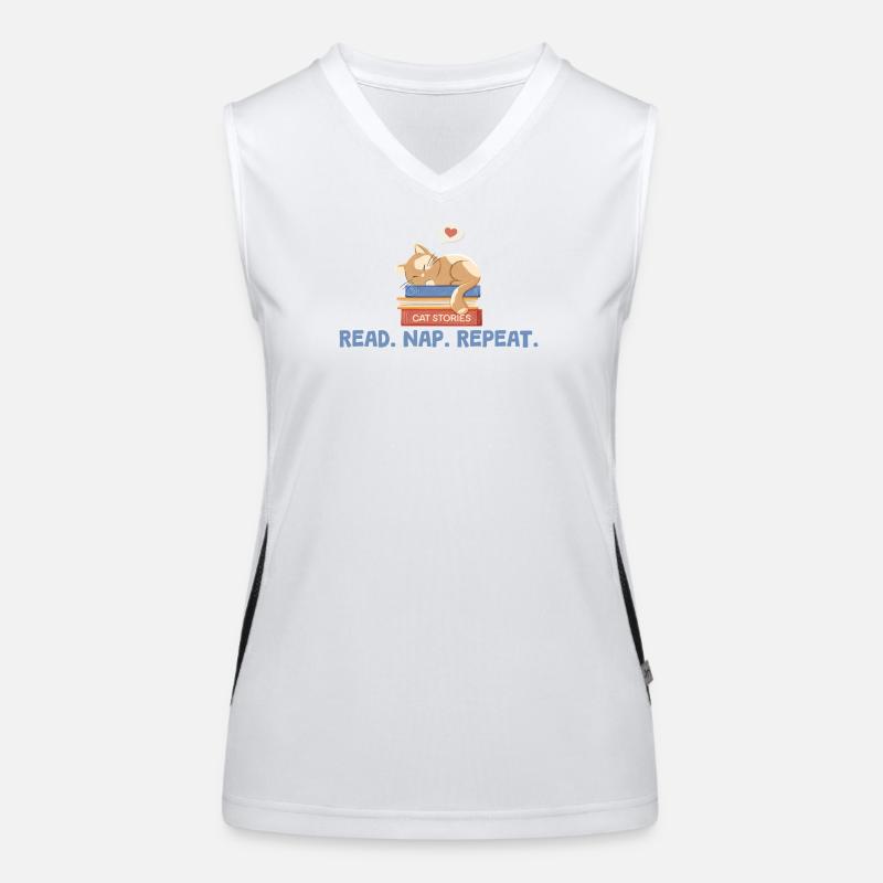Katze auf Büchern mit Spruch Read. Nap. Repeat. Funktionelles Kontrast-Tank Top für Frauen