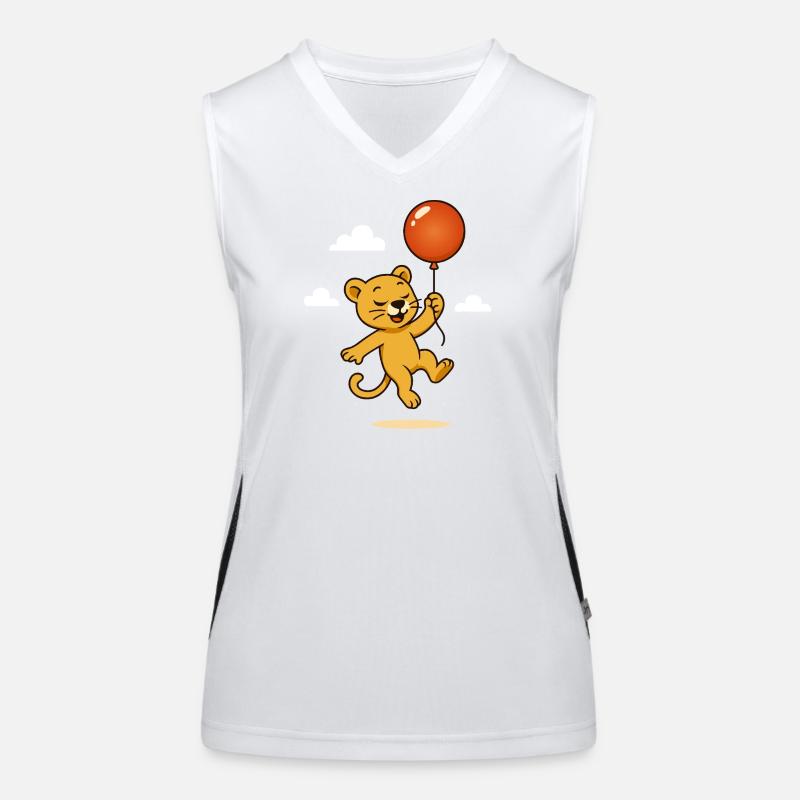Fröhlicher Löwe mit Ballon schwebt durch die Lüfte Funktionelles Kontrast-Tank Top für Frauen
