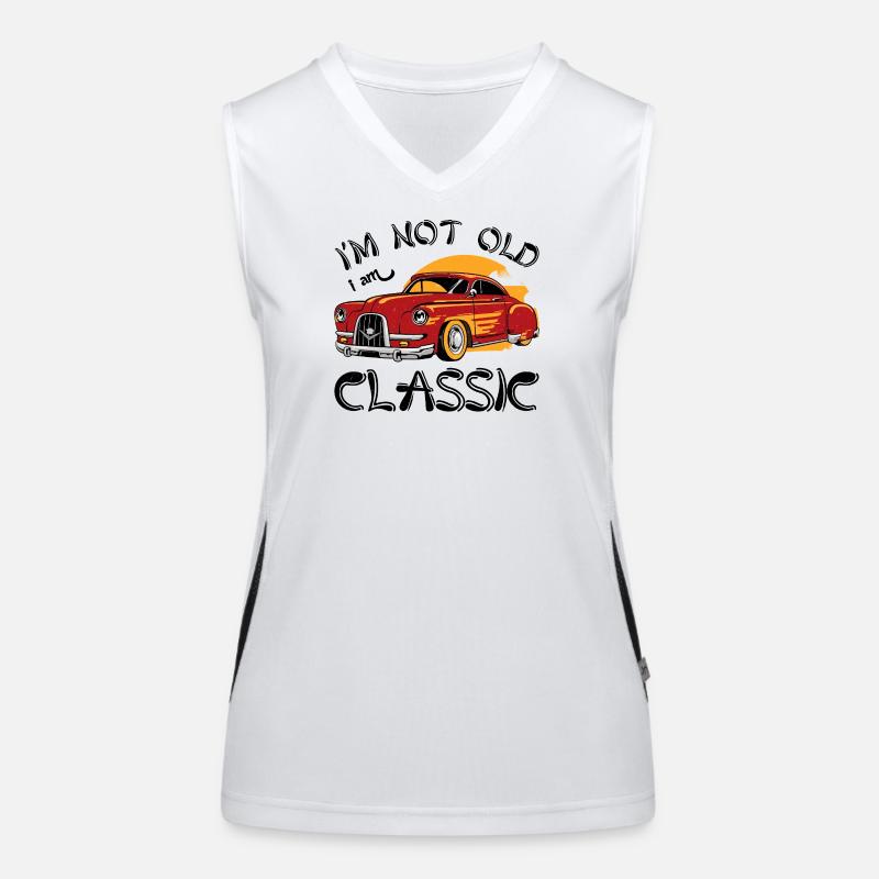 Roter Oldtimer mit Sunset Design Funktionelles Kontrast-Tank Top für Frauen