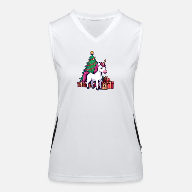 Pixel Einhorn & Weihnachtsbaum Retro Kunst Funktionelles Kontrast-Tank Top für Frauen