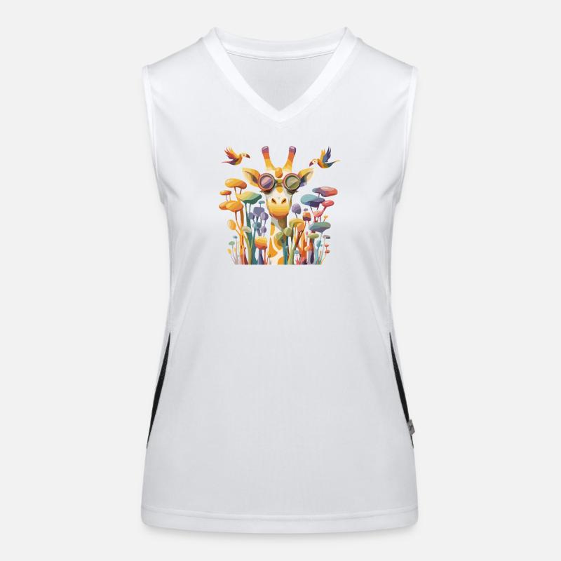 Girafe dans un jeu de couleurs avec une forêt de champignons Débardeur respirant contrasté Femme