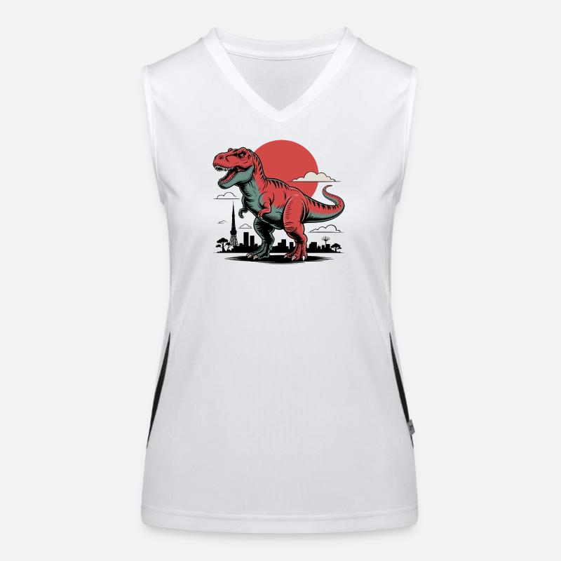 Stadt Skyline Mit T-Rex und Sonne im Hintergrund Funktionelles Kontrast-Tank Top für Frauen