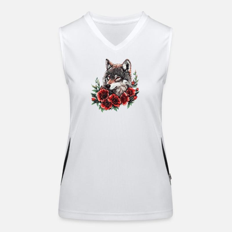 Wolfskopf im Blütenkranz Funktionelles Kontrast-Tank Top für Frauen
