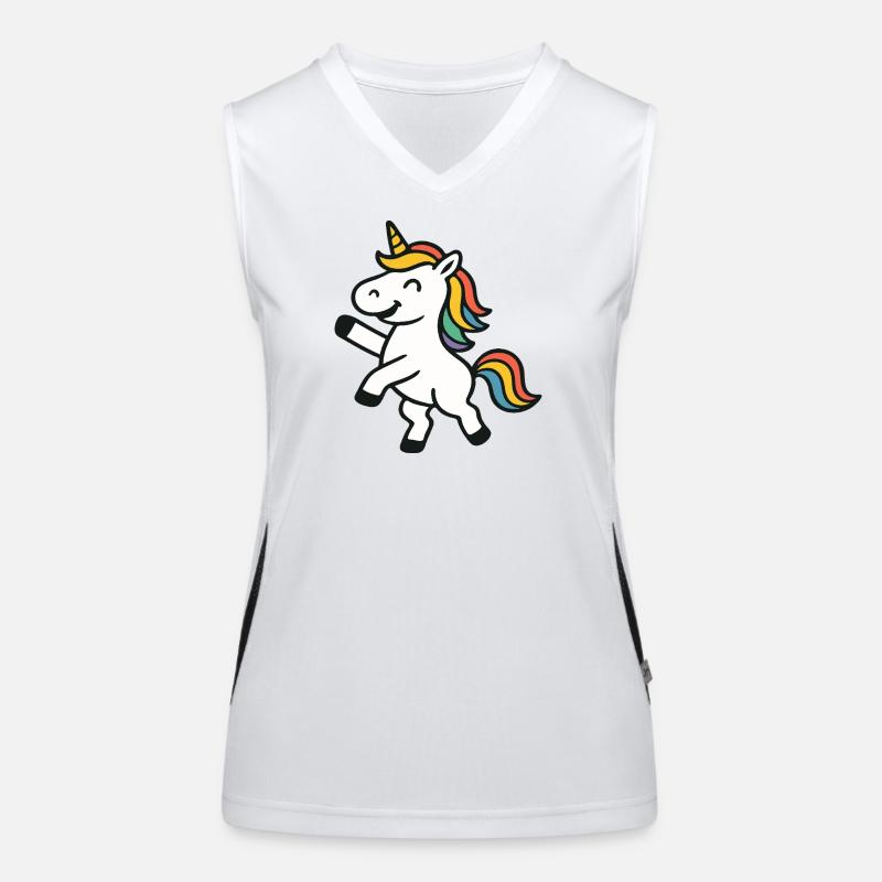 Fröhliches Springen, Einhorn mit bunten Mähnenkunst Funktionelles Kontrast-Tank Top für Frauen