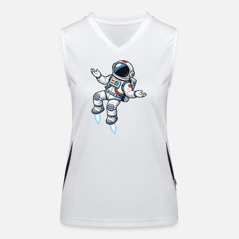 Floating cartoon astronaut with rocket propulsion Women's Functional Contrast Tank Top