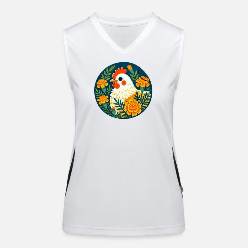 Sonnenhühner zwischen kräftigen Blumen Funktionelles Kontrast-Tank Top für Frauen