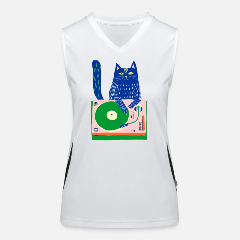Blue Cat DJ on Whimsical Turntable - Women's Functional Contrast Tank Top - white/black