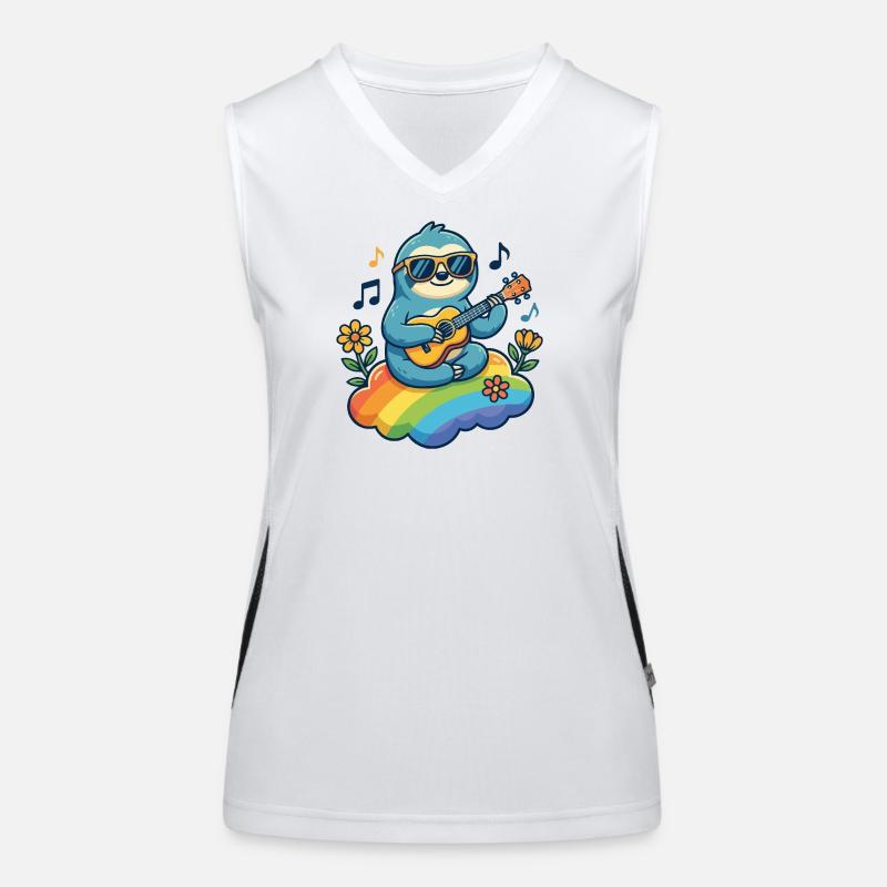 Hippie sloth with guitar on rainbow cloud Women's Functional Contrast Tank Top