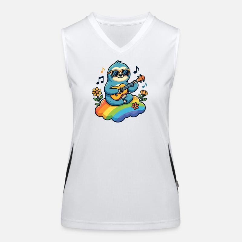 Sloth with guitar on rainbow cloud hippie Women's Functional Contrast Tank Top