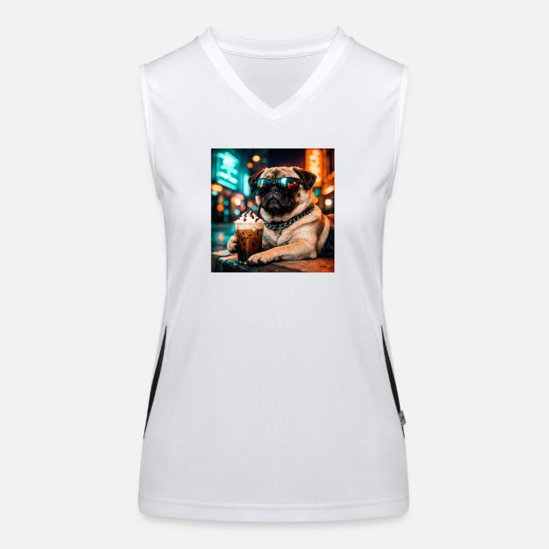 Lustiger Mops, der Eiskaffee trinkt, süßes Hunde-Meme Funktionelles Kontrast-Tank Top für Frauen