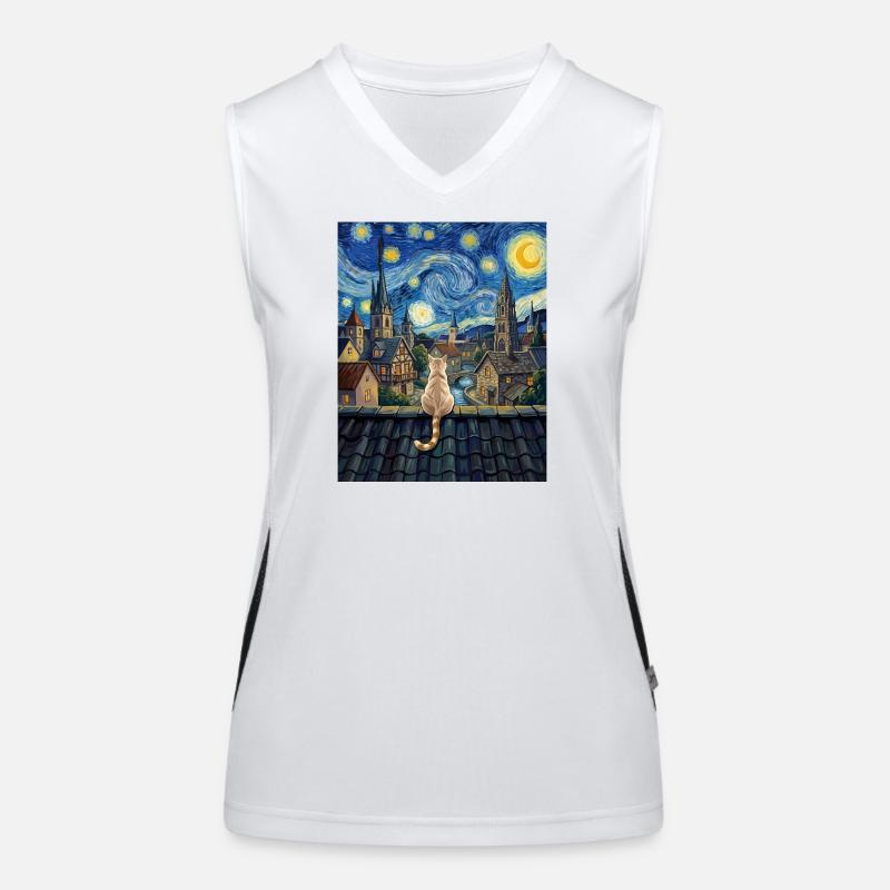 Sternennachtskatze mit Blick auf Dorfkunst Funktionelles Kontrast-Tank Top für Frauen