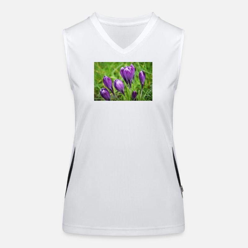 Grappe de crocus violet dans le jardin de printemps Débardeur respirant contrasté Femme