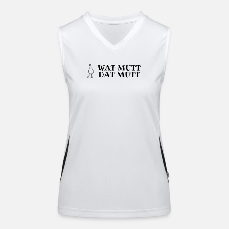 Plattdeutscher Spruch mit Möwe Wat mutt, dat mutt Funktionelles Kontrast-Tank Top für Frauen