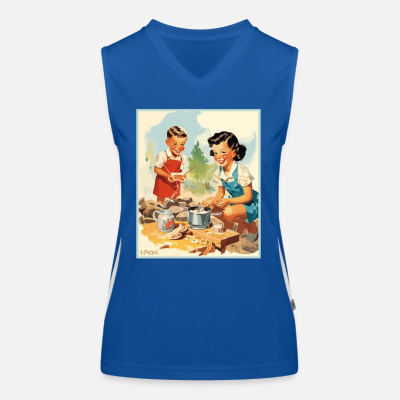 50er Kinder bereiten beim Camping Essen zu Funktionelles Kontrast-Tank Top für Frauen