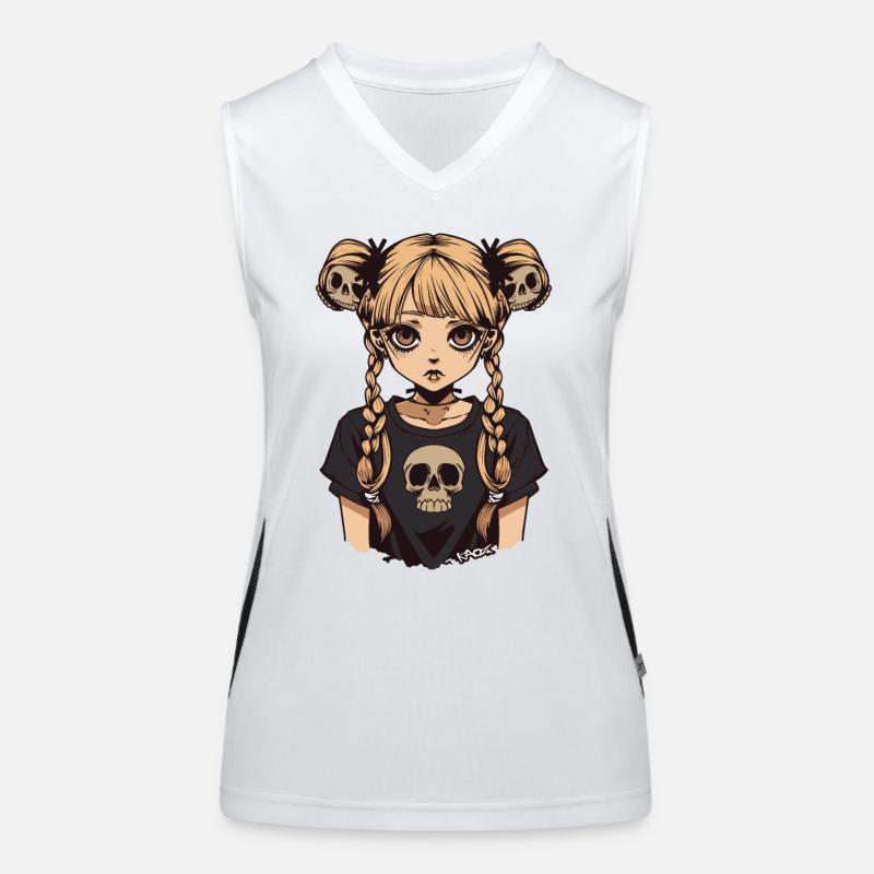 Anime Emo Mädchen mit Zöpfen und Totenköpfen Funktionelles Kontrast-Tank Top für Frauen