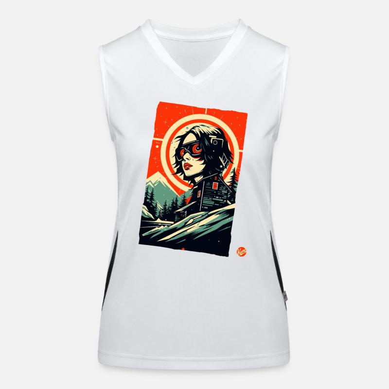 Cyborg Mädchen in den Bergen, Sci-Fi Apres Ski Funktionelles Kontrast-Tank Top für Frauen