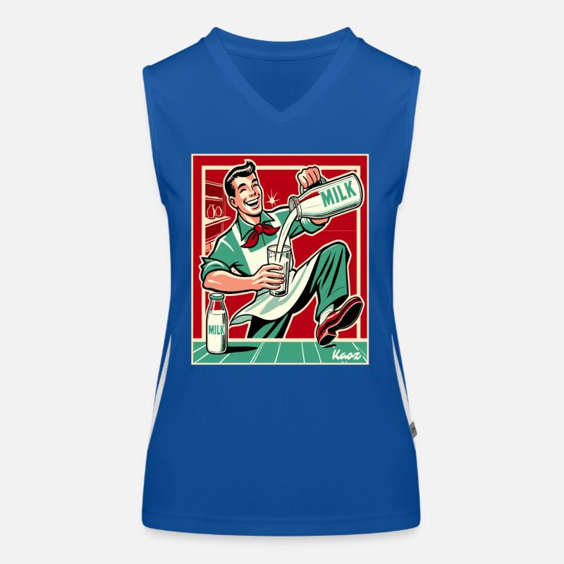 Retro Milchmann, glücklich Milch einschenken Funktionelles Kontrast-Tank Top für Frauen