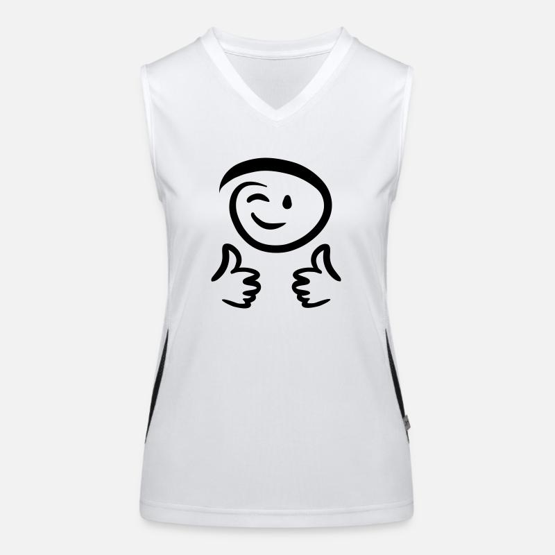 Face winks, shows two thumbs up. Emoticon. Women's Functional Contrast Tank Top