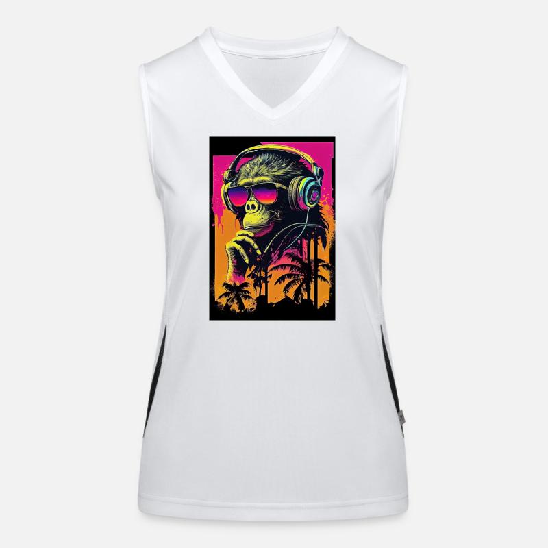 Synthwave retro monkey with sunglasses and music - Women's Functional Contrast Tank Top - white/black