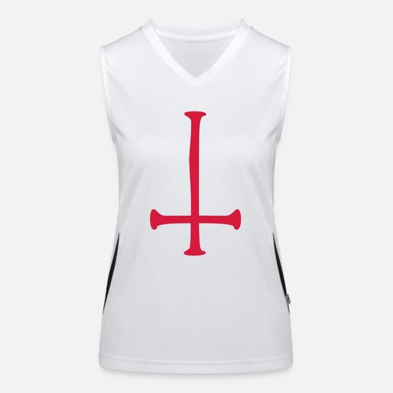 satan text cross evil logo reversed Women's Functional Contrast Tank Top